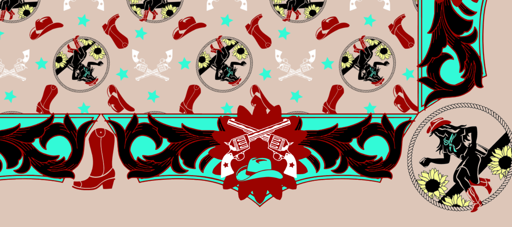 Screenshot of a Western-themed pattern with cowboy boots, hats, and guns.