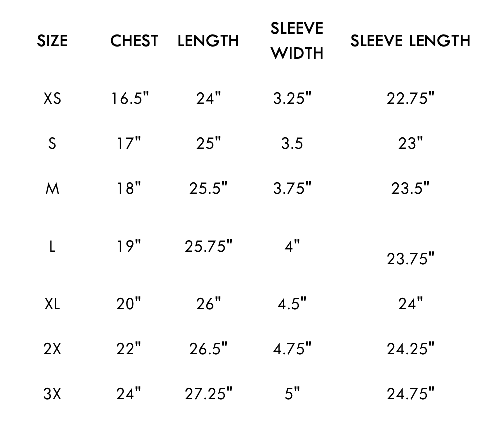 chest, length, sleeve measurements.