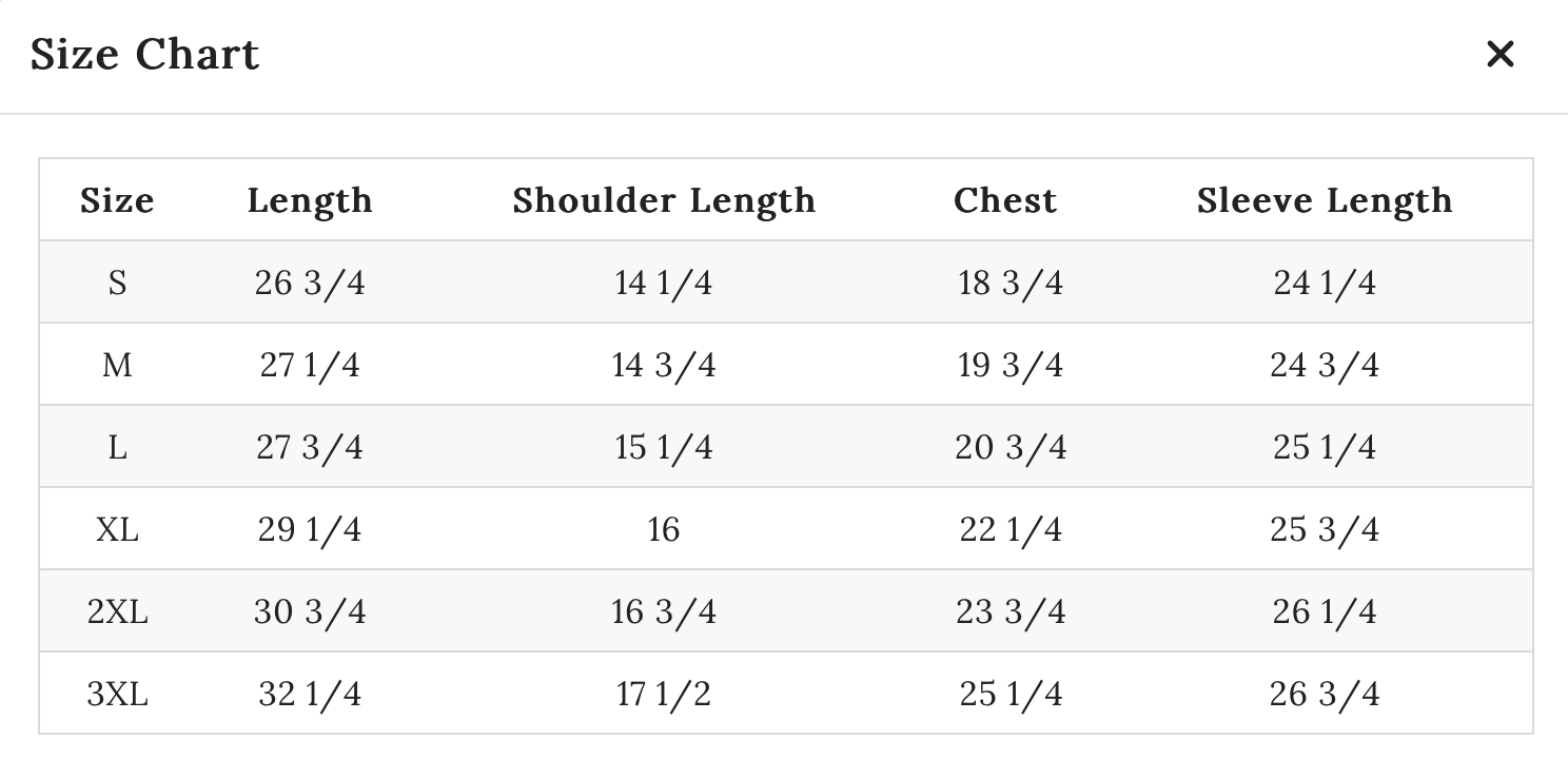 Screenshot of size chart with measurements for clothing sizes.