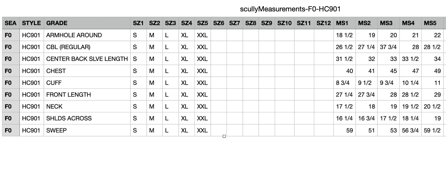 Scully Measurements F0-HC901 size chart from screenshot.