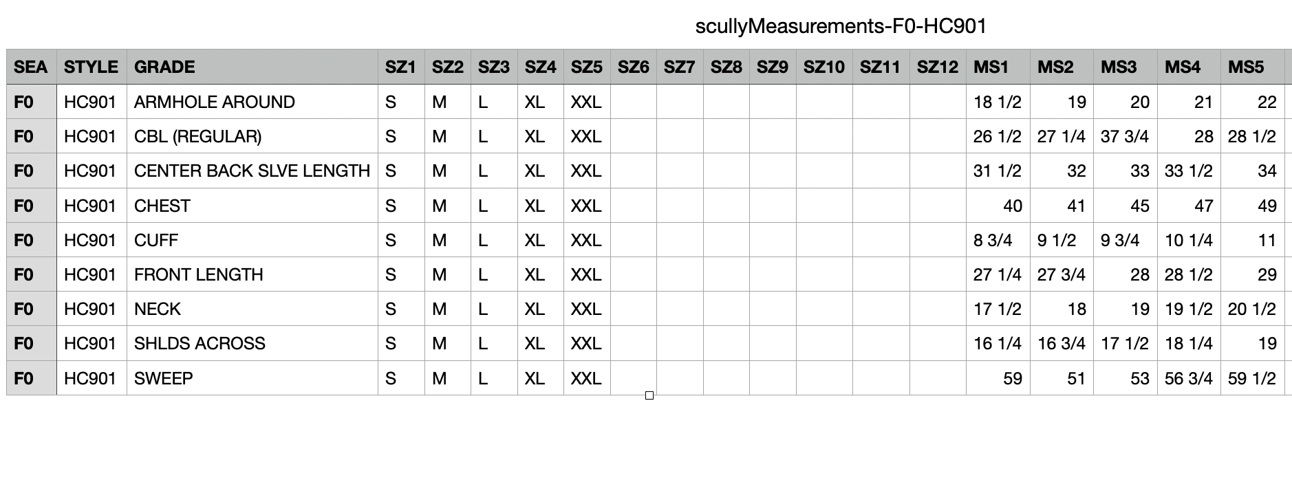 Scully Measurements F0-HC901 size chart from screenshot.