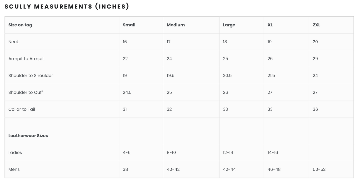 Scully leatherwear measurements chart, Screenshot 2024-07-03 PM