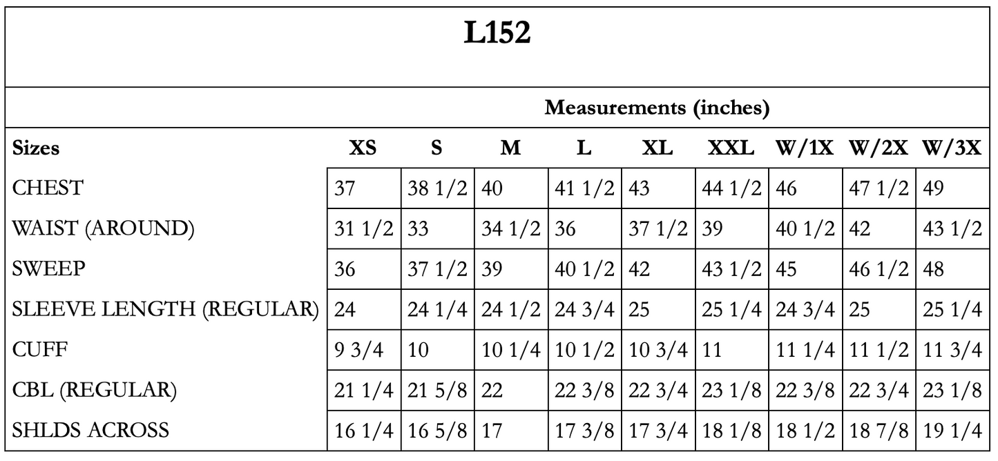 L152 size chart screenshot, measurements in inches.