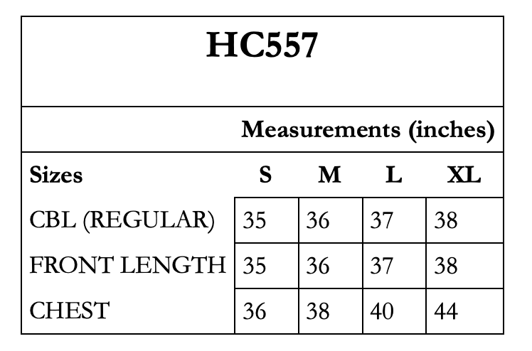 CBL, Front Length, Chest, S-XL sizes.