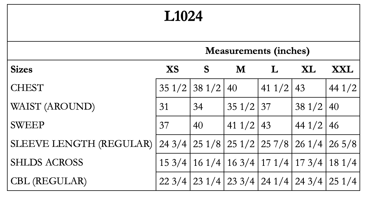 L1024 size chart with measurements in inches, screenshot from Feb 23, 2025.