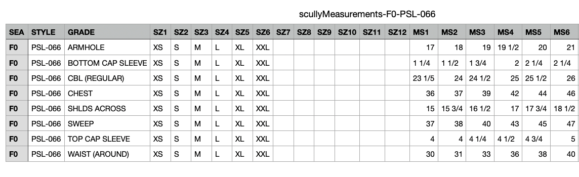FO-PSL-006 Size Chart Screenshot, April 9, 2025