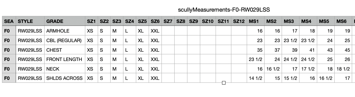 Scully Measurements F0-RW029LSS size chart from 2025-04-09.