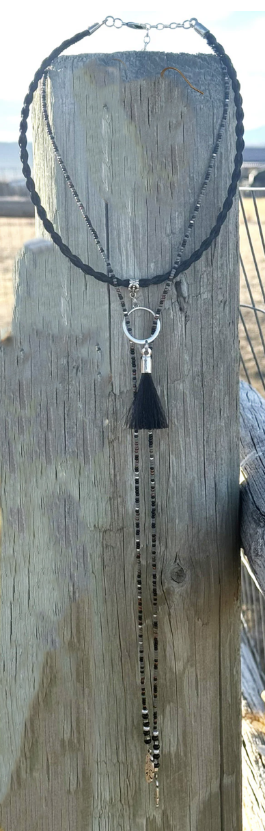 Horsehair Lariat Necklace - Metallic Beads