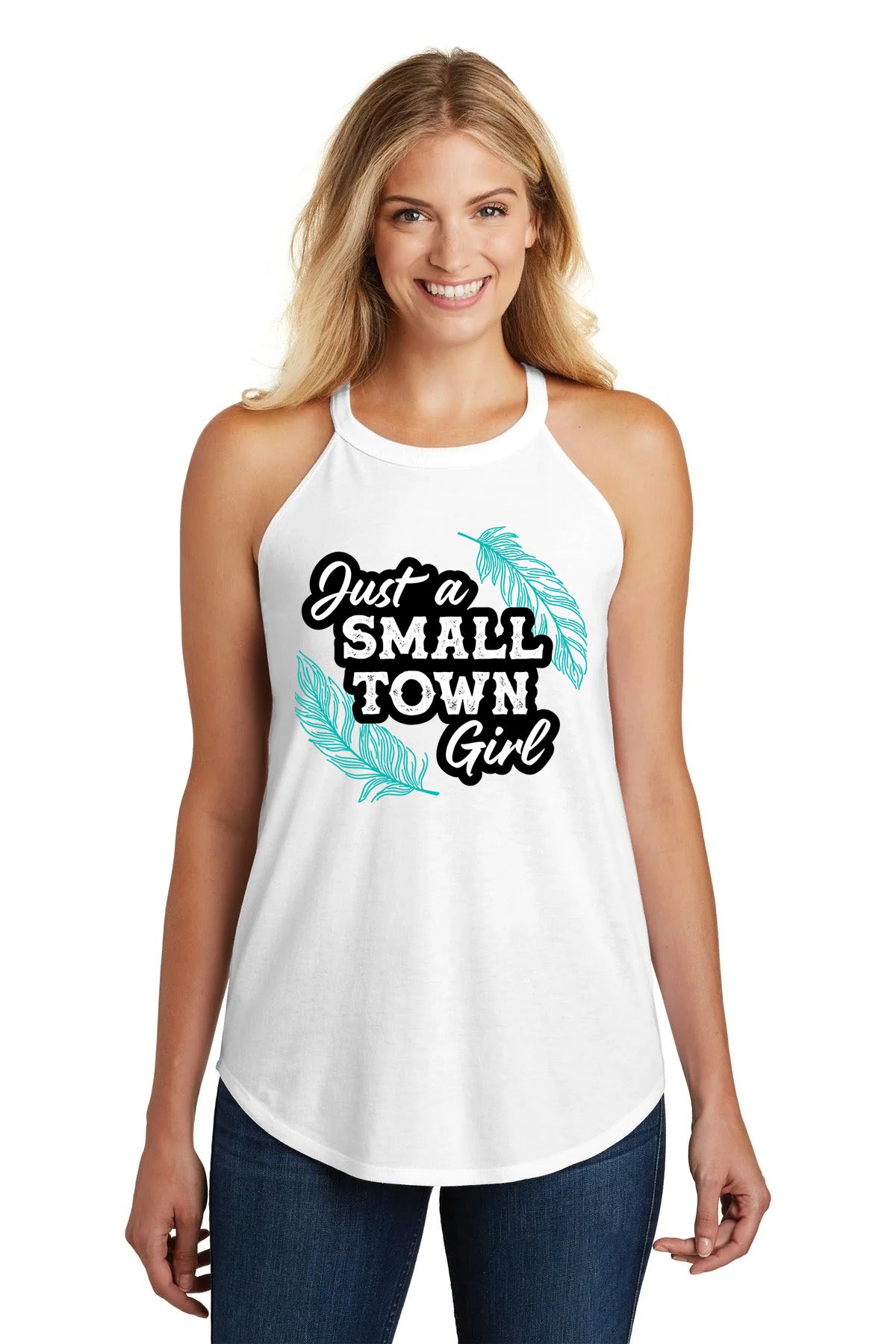 Small Town Girl tank top with feathers