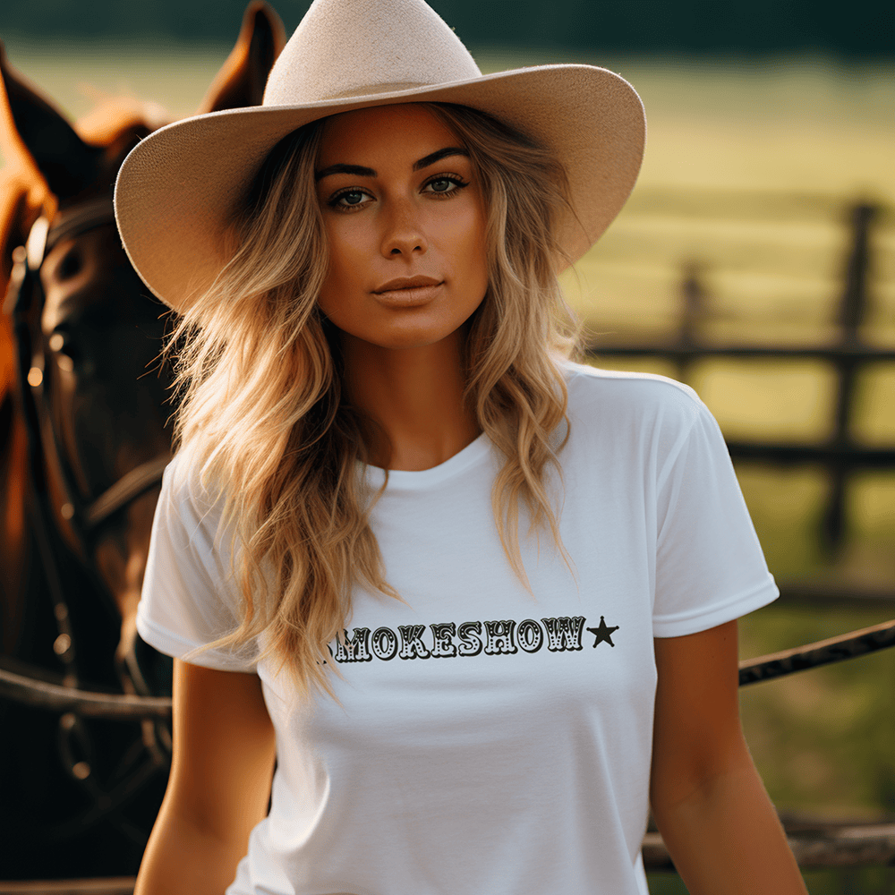 Woman in hat with horse.