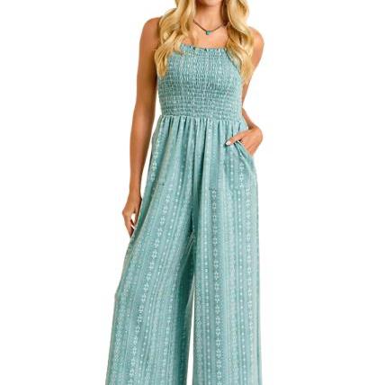 Smocked Jumpsuit in Jade by Panhandle at Bourbon Cowgirl
