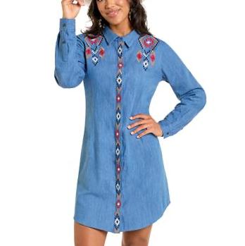 Dress Rock and Roll Long Sleeve Embroidered Denim Dress M Dress Rock and Roll Long Sleeve Embroidered Denim Dress M