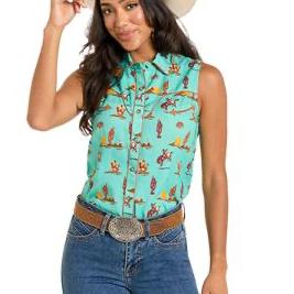 Sleeveless Retro Snap Front Blouse Shirt in Turquoise by Panhandle at Bourbon Cowgirl
