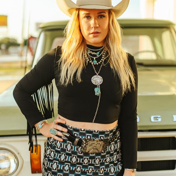 Cowgirl T0486-BLK__13 in black top and turquoise jewelry