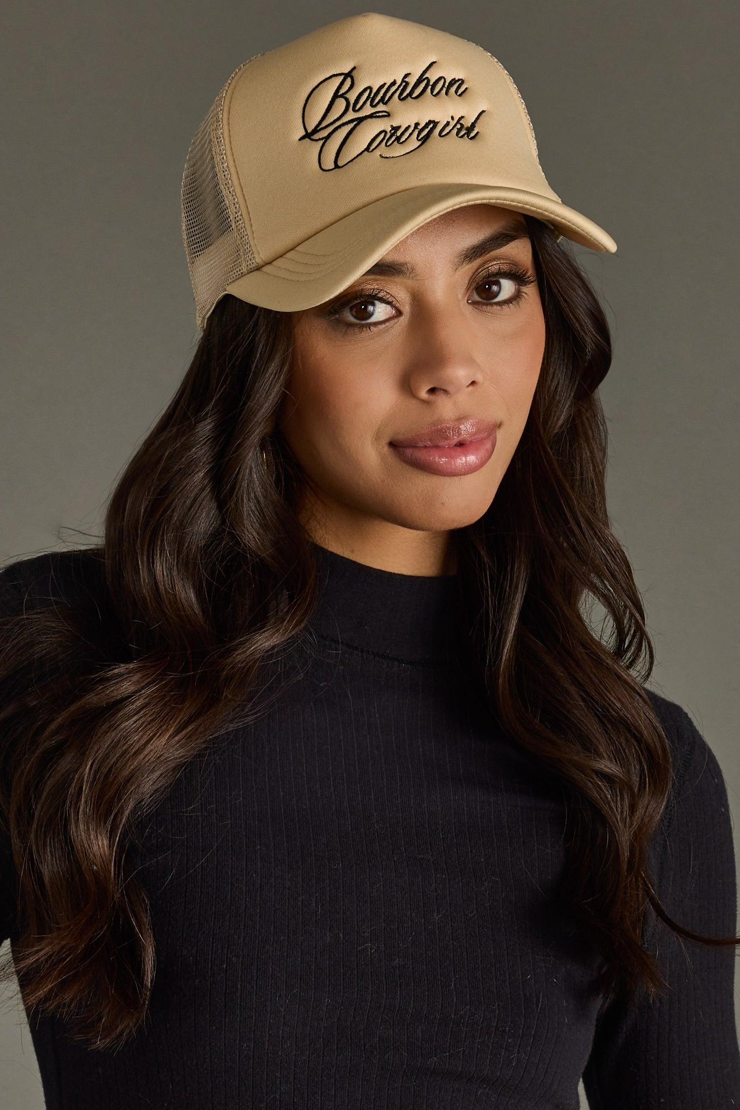 Bourbon Cowgirl Embroidered Foam Trucker Hat - Tan