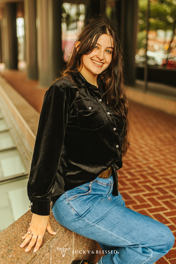 Black Velvet Button Down Collared Long Sleeve Shirt, Plus Size Bourbon Cowgirl