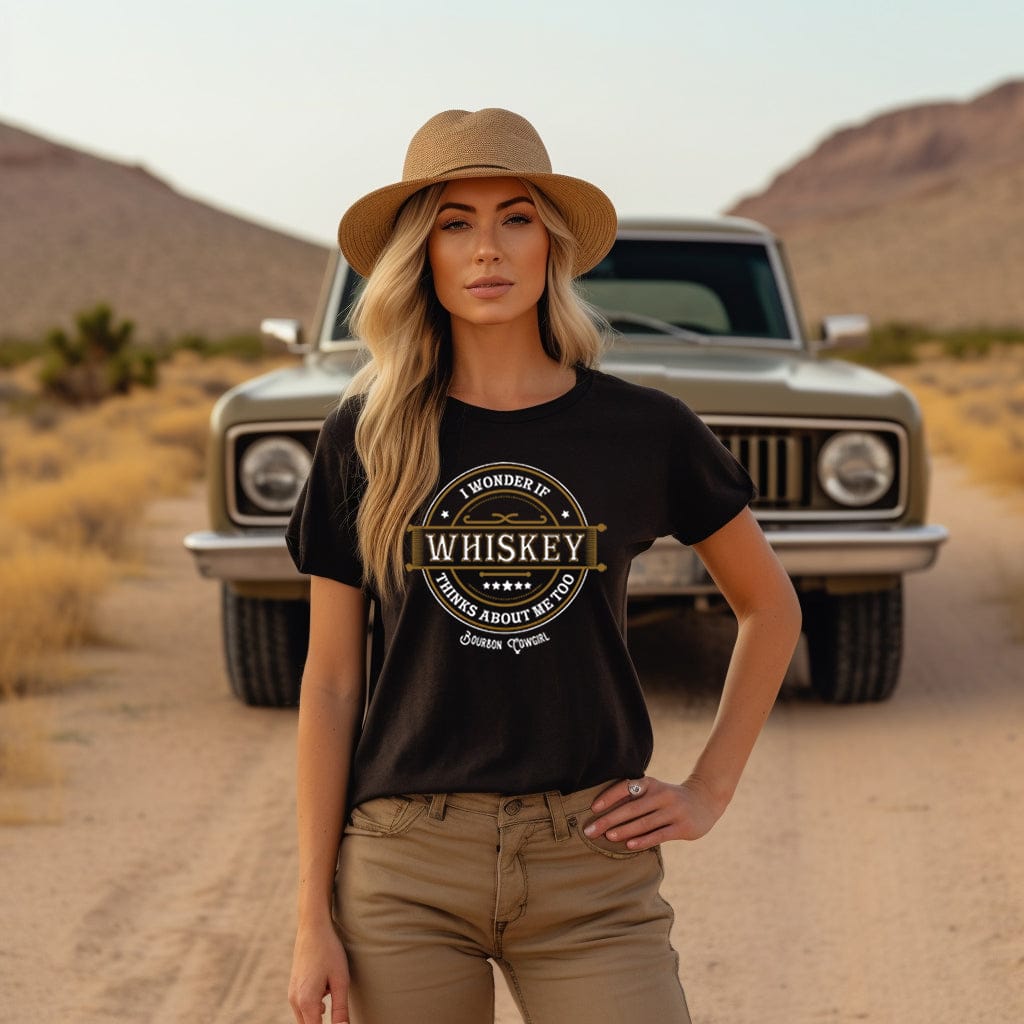 Woman in Whiskey Thinks tee with vintage truck.