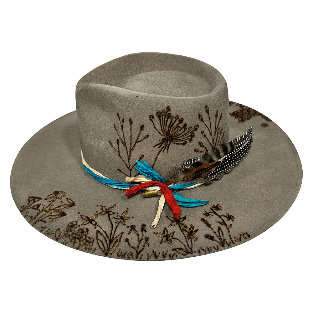 Gray hat with floral design and feather - WT-GRAY-SIDE1WEB