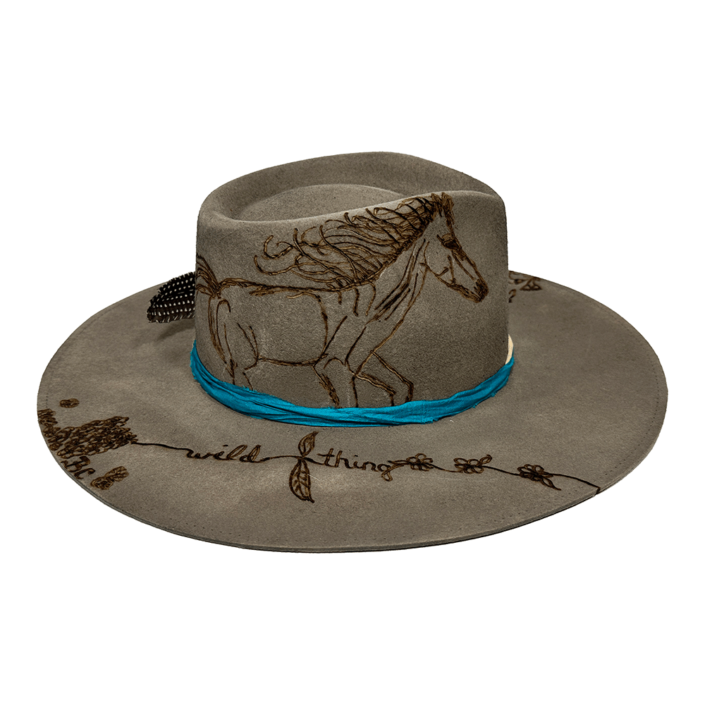 Gray horse hat with wild things detail.