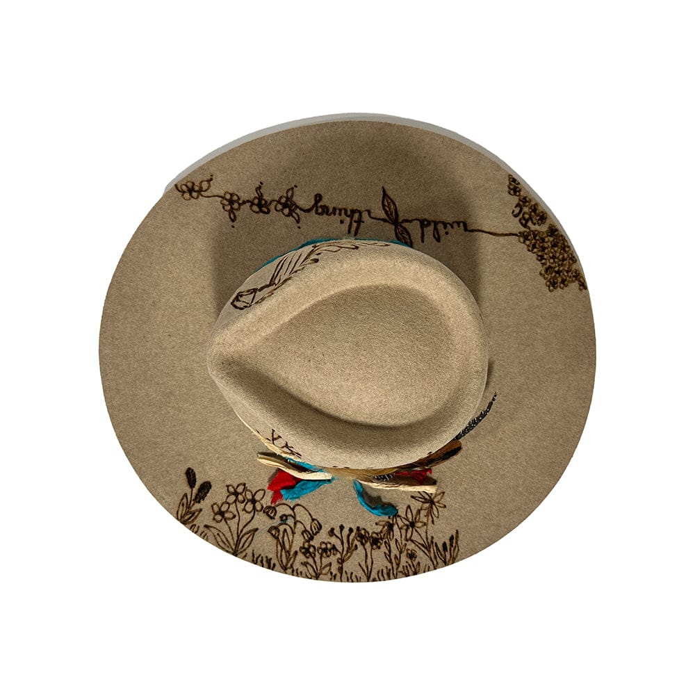 Tan top hat with wildflowers & feathers