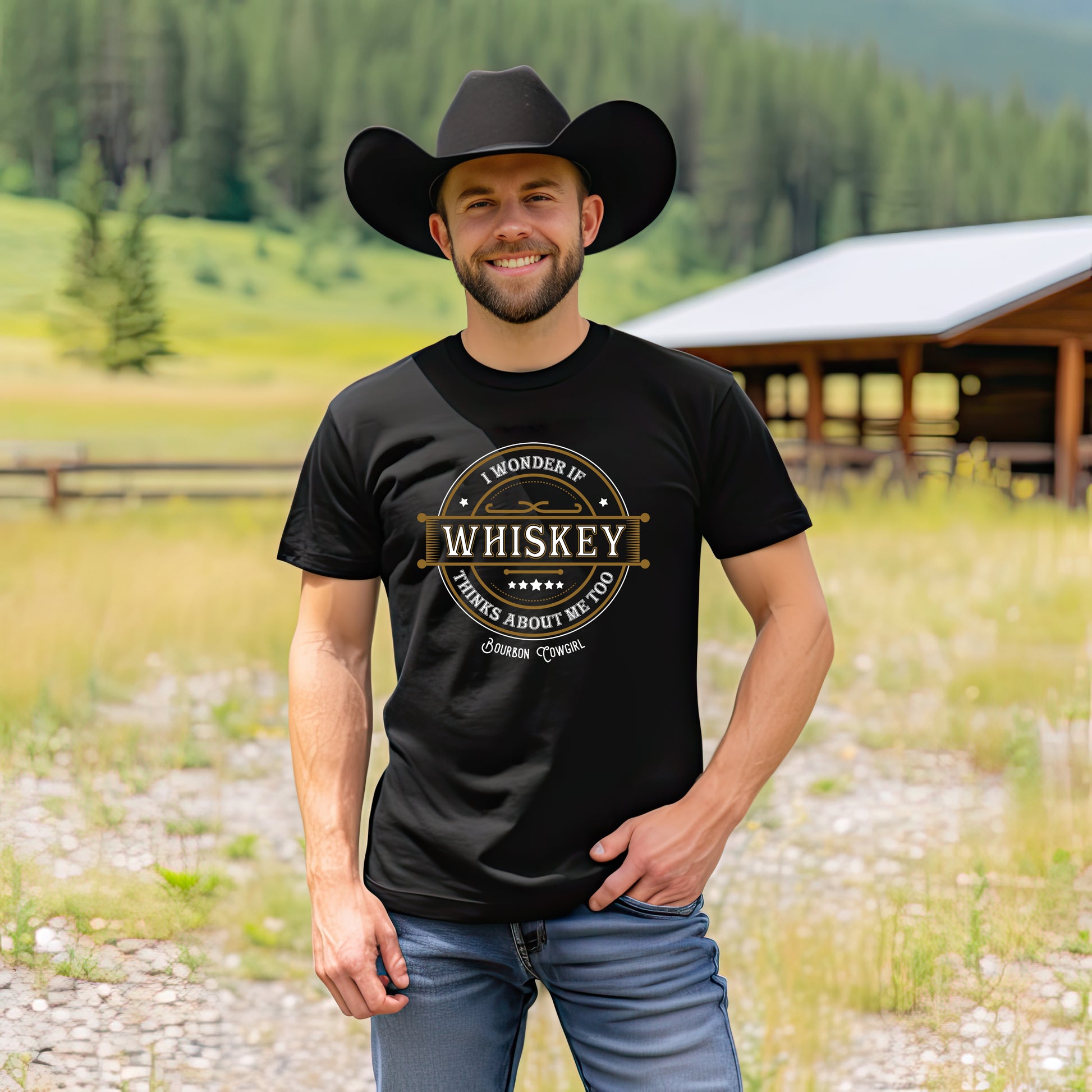 Man in cowboy hat wearing Whiskey shirt