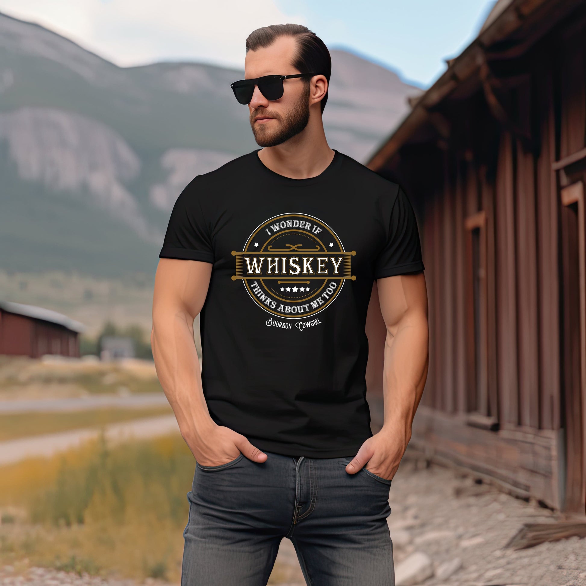 Whiskey lover wearing t-shirt with I wonder if Whiskey thinks about me too