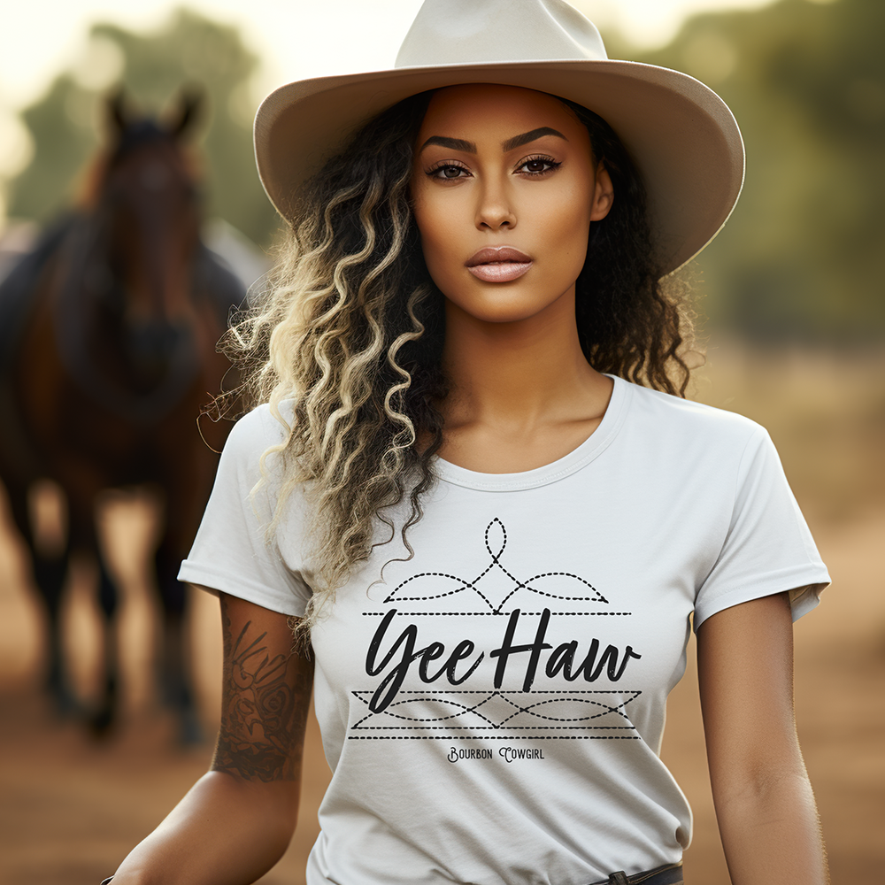 Cowgirl in Yee Haw tee with horse