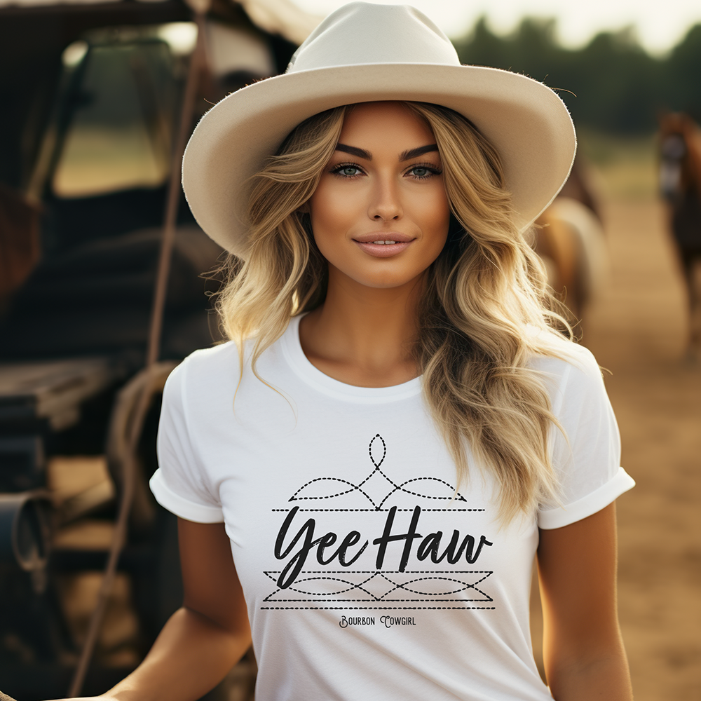 Cowgirl wearing Yee Haw shirt