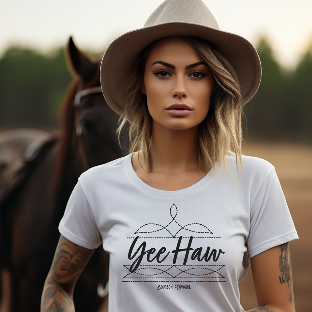 Cowgirl in Yee Haw shirt with horse