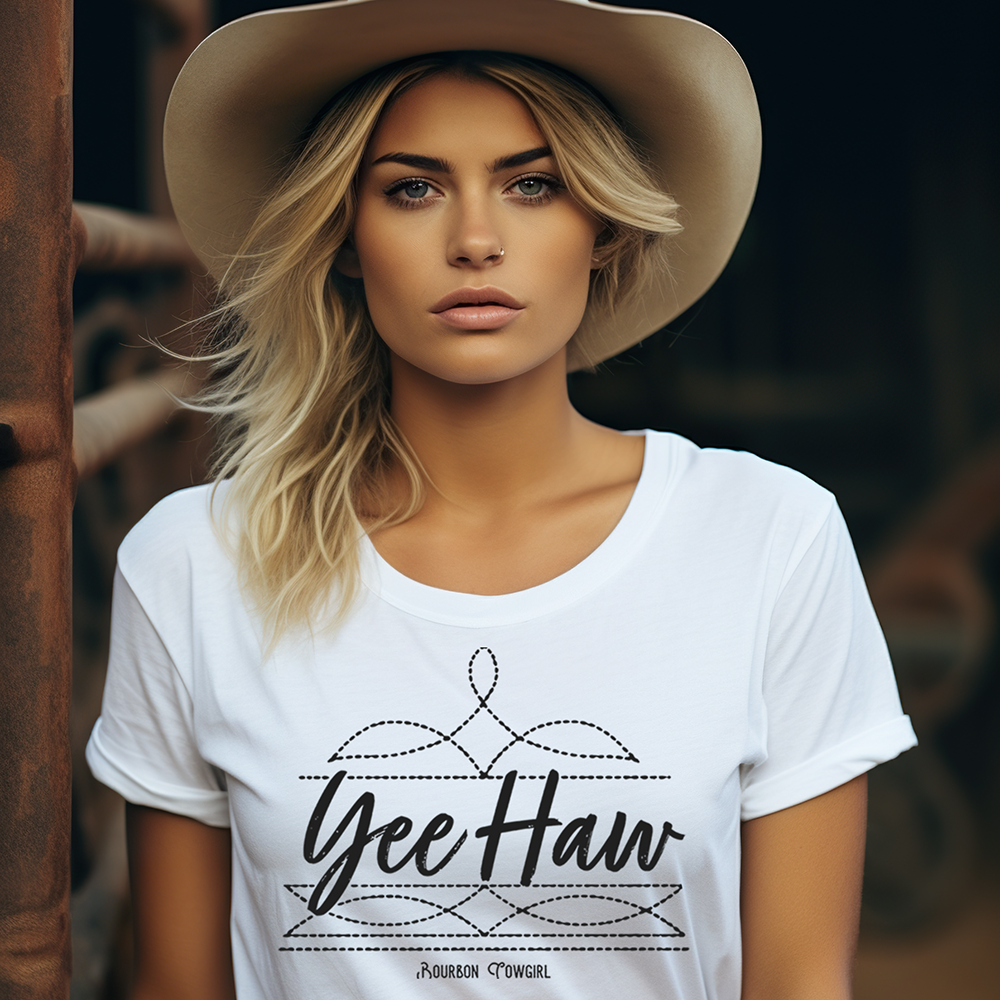 Yee Haw Cowgirl wearing hat and t-shirt