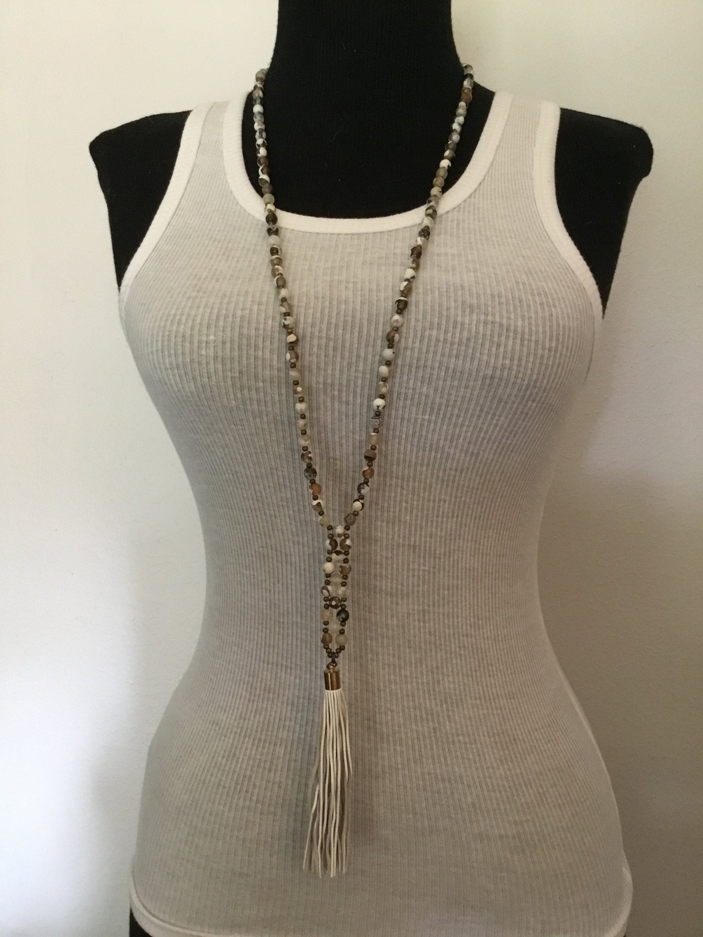 Howlite Weave Necklace with Leather Tassel- Amy Kaplan for Bourbon Cowgirl