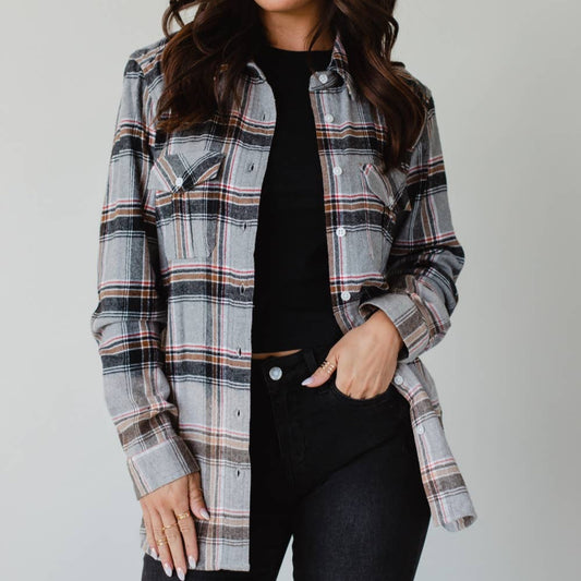 Gray, Red, Camel & Black Plaid Flannel Shirt for Western Women