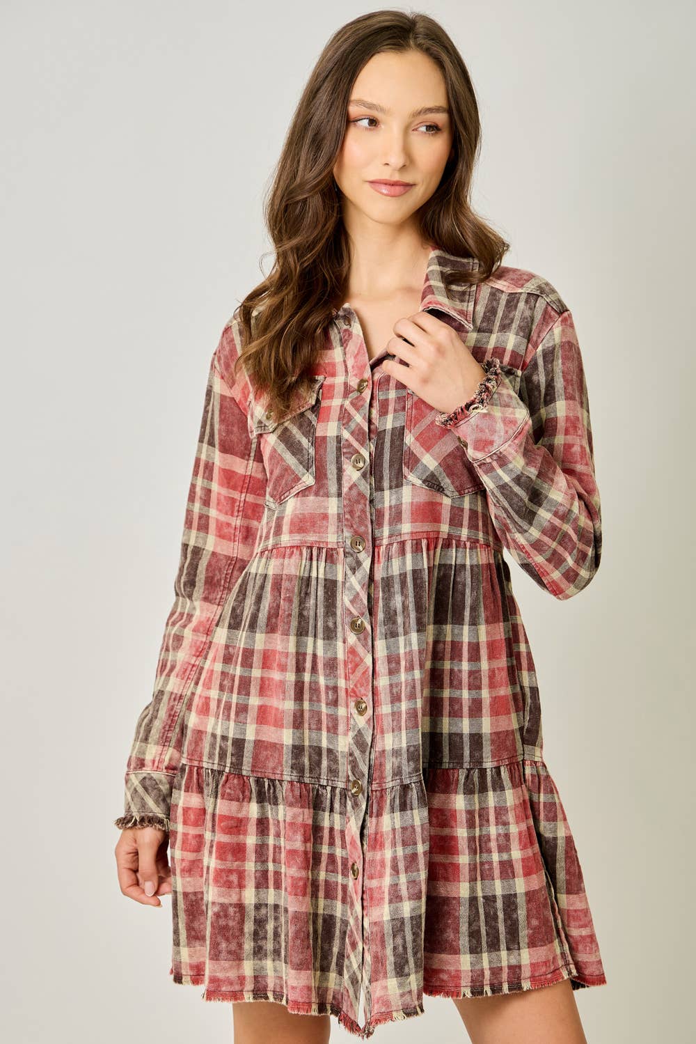 Acid Washed Tiered Coat Dress