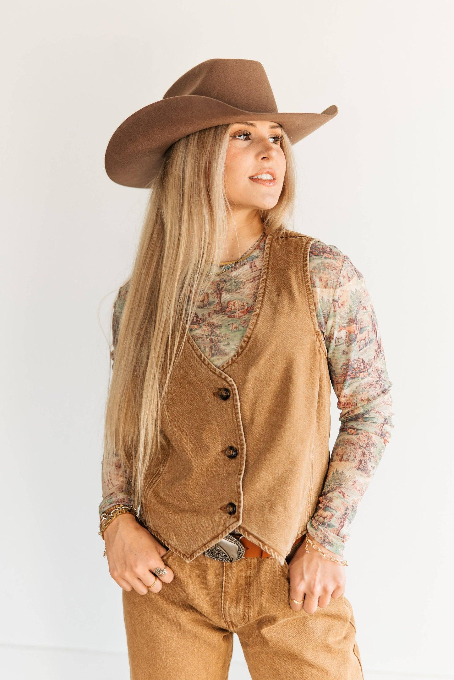 Brown Denim Western Style Cowgirl Vest
