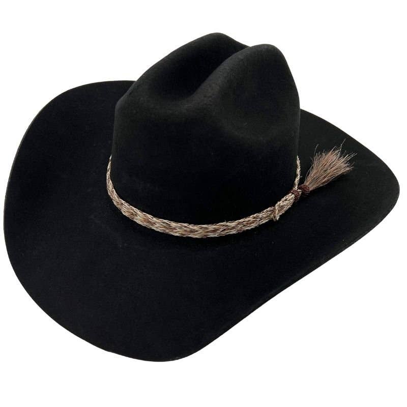 Black cowboy hat with decorative band.