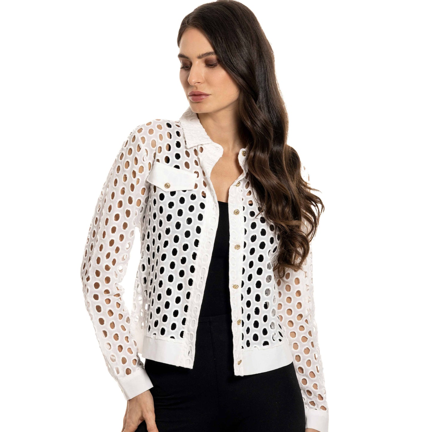 White perforated jacket on model