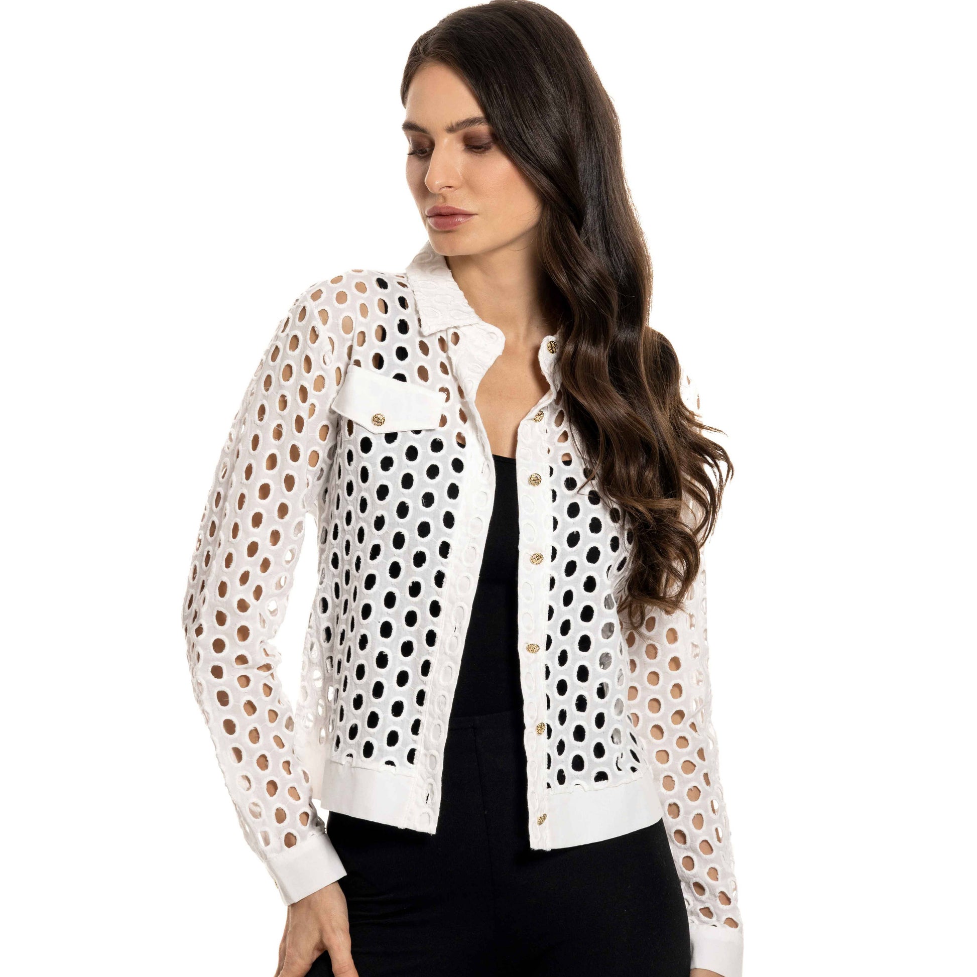 White perforated jacket on model