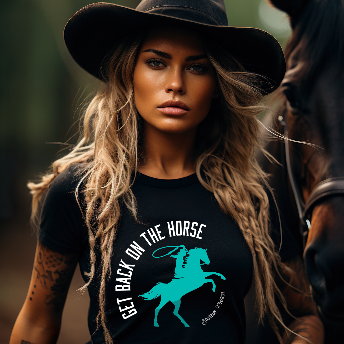 Woman wearing Get Back on the Horse shirt with horse