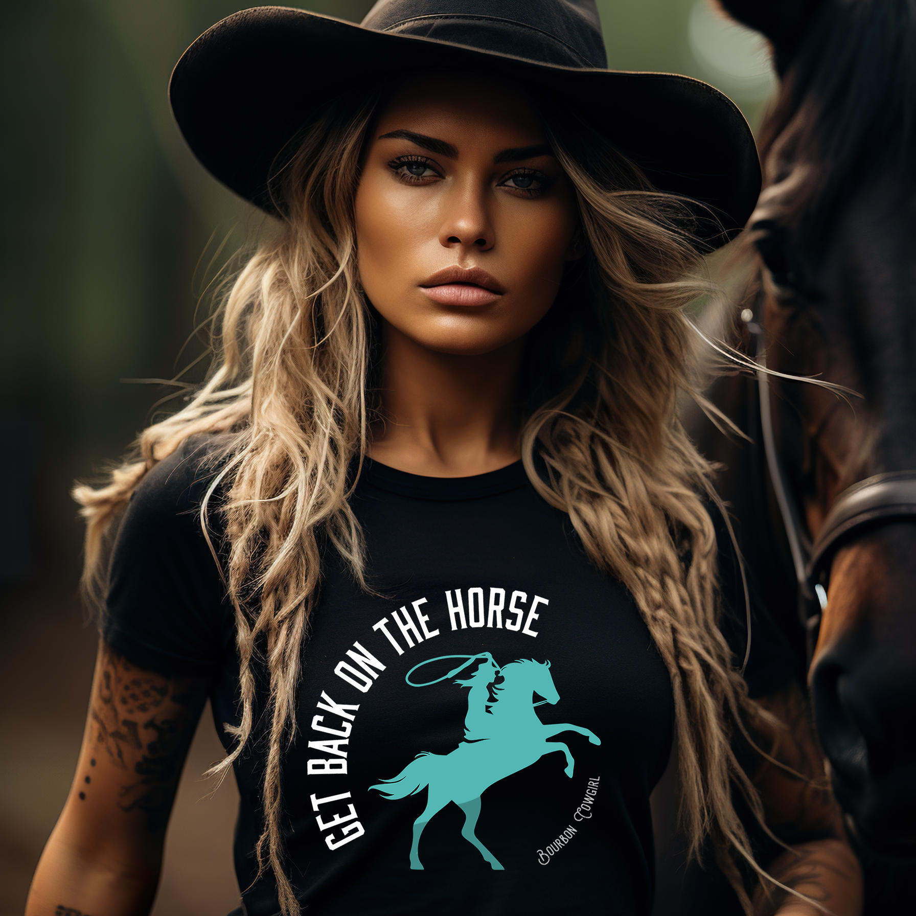 Woman wearing Get Back on the Horse shirt with horse