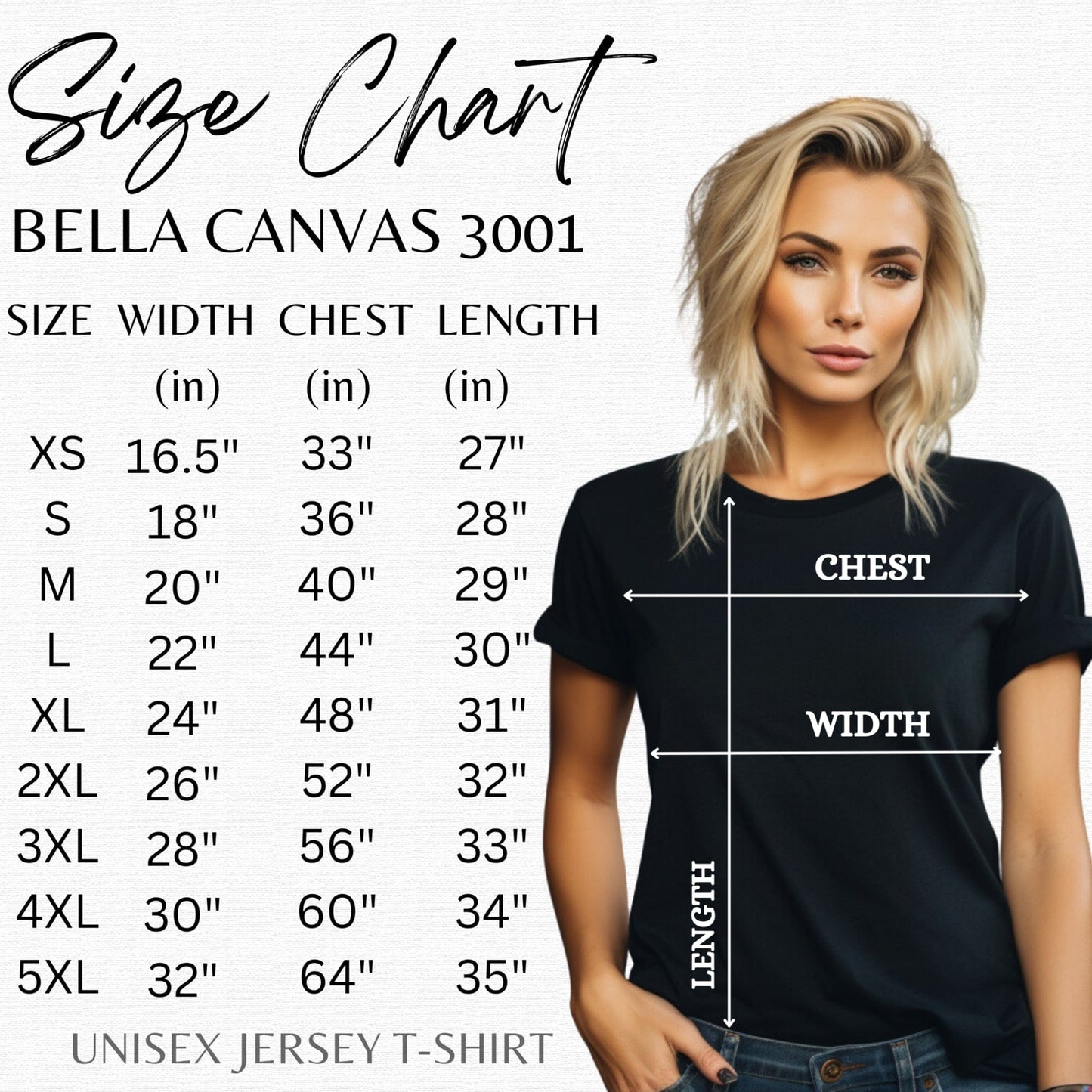 Bella Canvas 3001 size chart for unisex jersey t-shirt