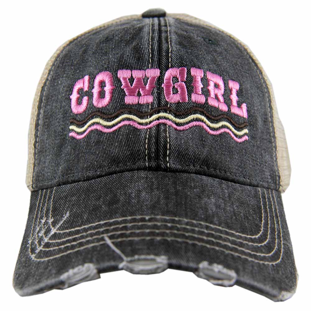 Black denim cowgirl hat with pink COWGIRL embroidery.