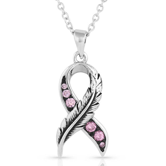 Pink ribbon feather pendant necklace