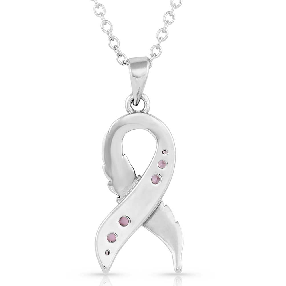 Silver ribbon pendant necklace with pink gemstones