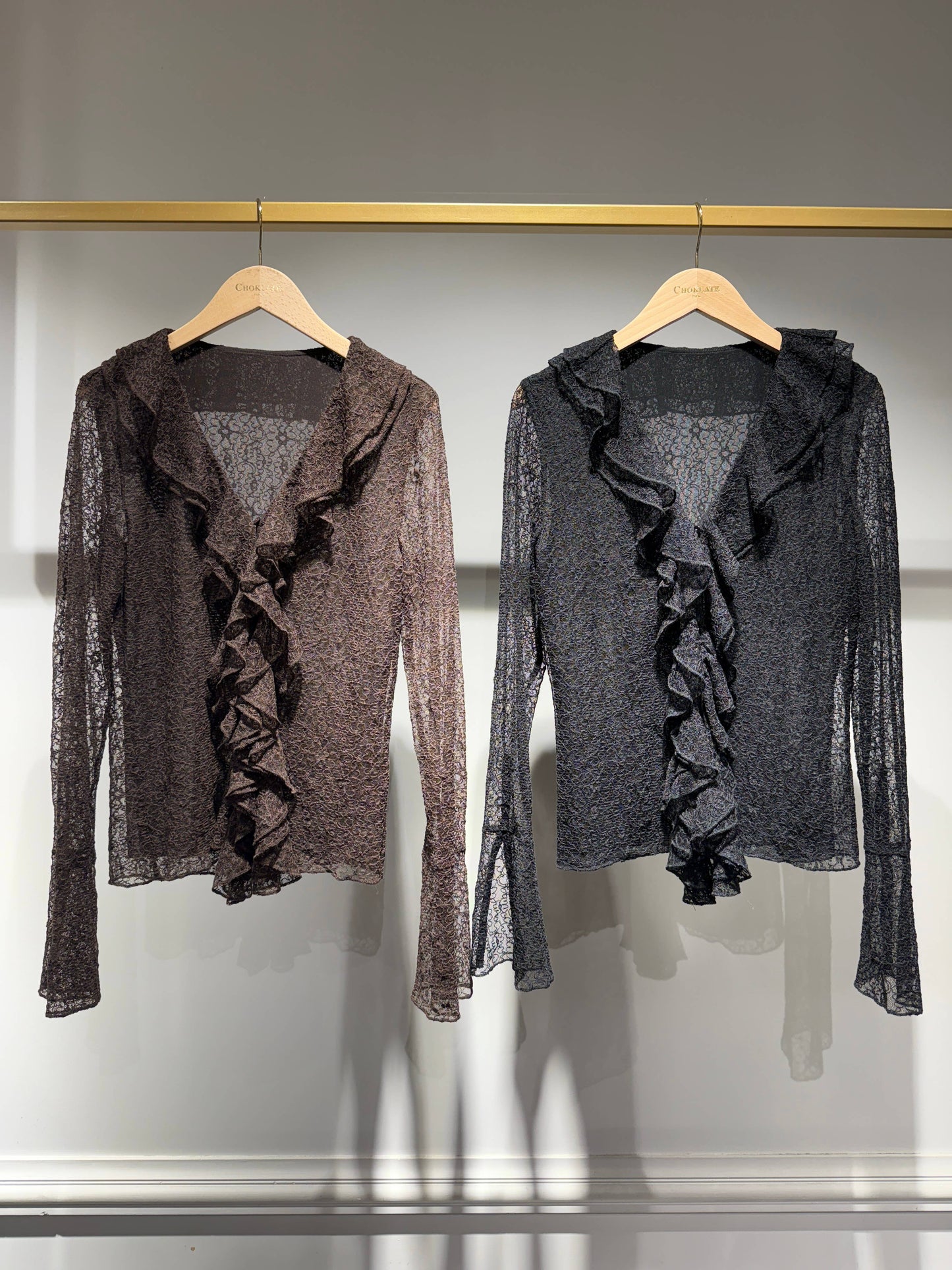 Chocolate Brown Lace Blouse with Ruffled V-Neck