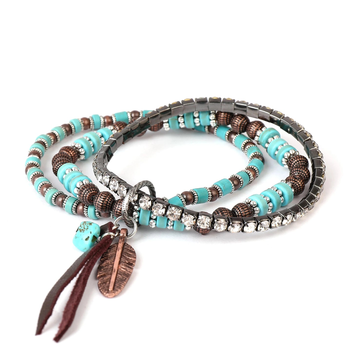 Turquoise bead bracelet with feather charm