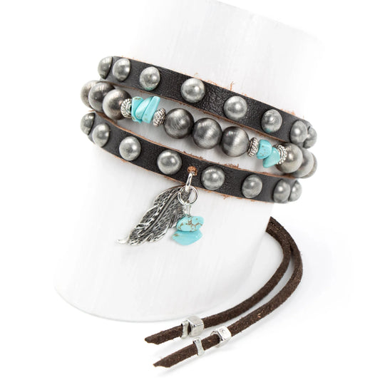 Leather wrap bracelet with studs, turquoise & feather charm