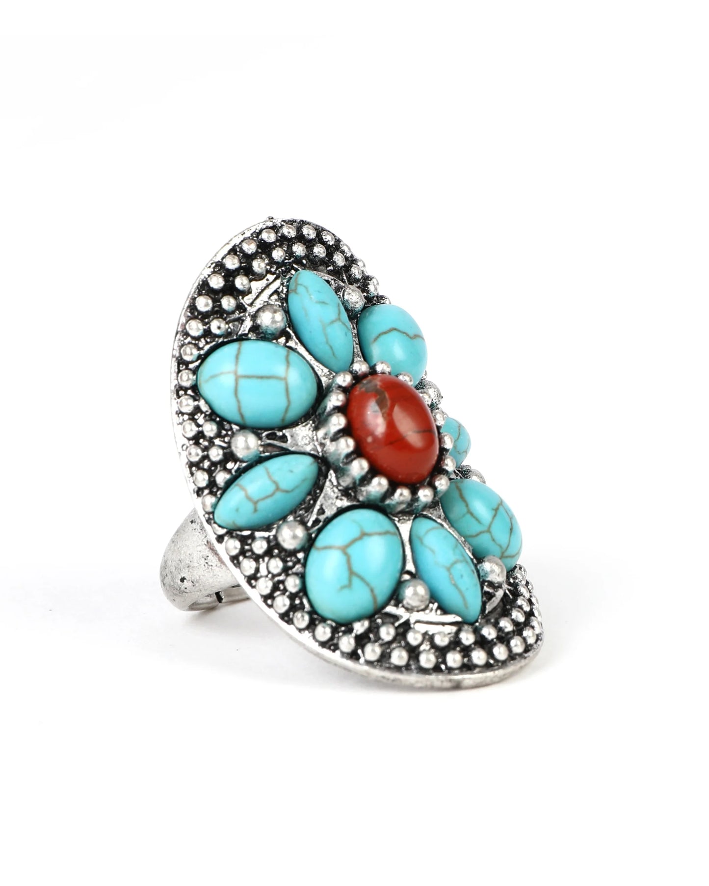 Turquoise and red stone statement ring