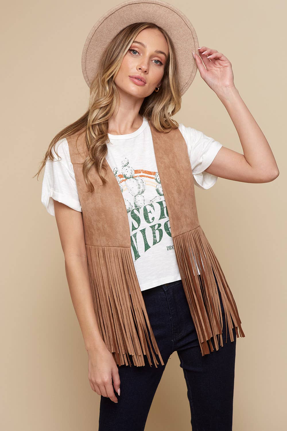 Tan Faux Suede Western Fringe Vest for Cowgirls
