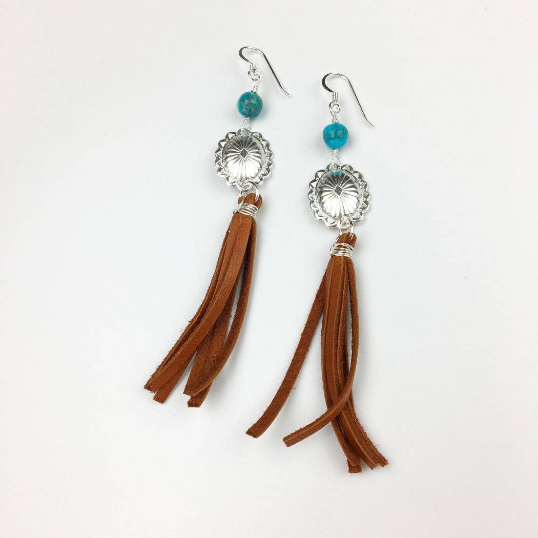 Concho and Turquoise Earrings with Leather Fringe - Quetzal