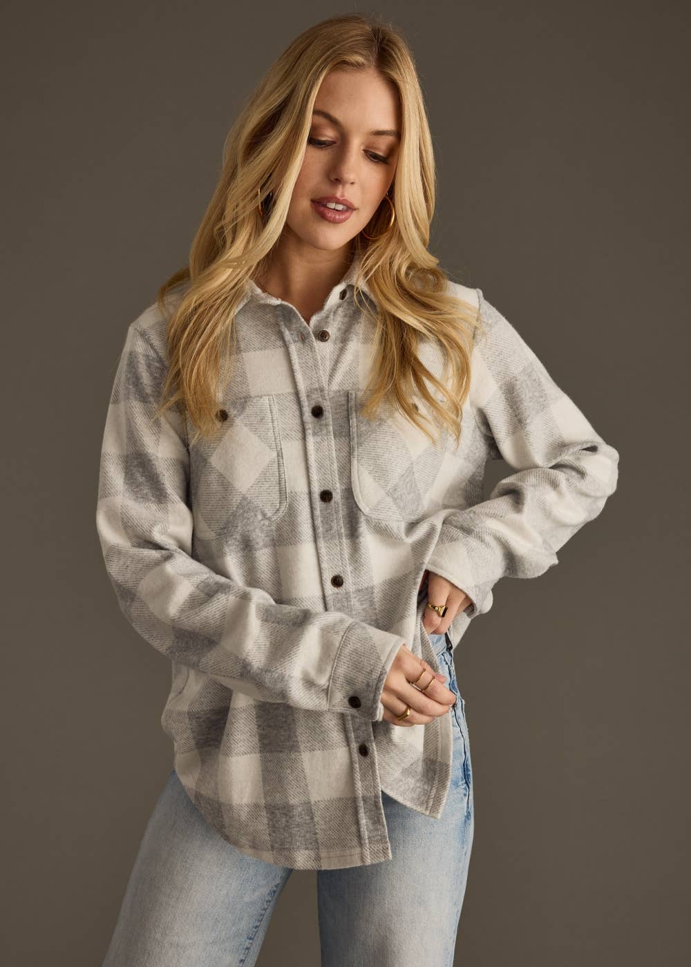 Light Gray & White Plaid Button Up Flannel for Women